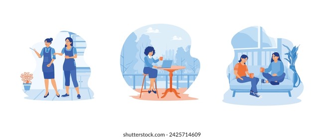 A cheerful female coworker is standing and smiling in a casual coffee shop. Happy young woman sitting outdoors with a laptop and coffee. Two women relaxing on sofa with hot drinks in new home. 