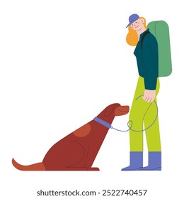 Mulher alegre com cachorro na coleira. Caminhadas aventura ao ar livre, turistas ativos, trekking e mochilas. Ilustração vetorial plana moderna.