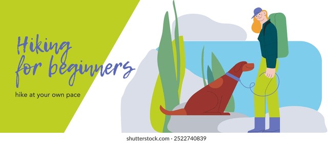 Cheerful female with dog on leash on nature background. Hiking outdoor adventure, tourists, trekking and backpacking. Modern vector illustration. Hiking for beginners. Landing page, website banner.