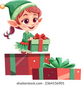 A cheerful female elf holds a festive Christmas gift, rendered in a cartoon vector illustration style