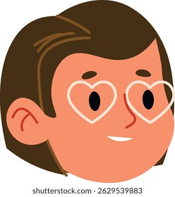 A cheerful female face is presented in a minimalist style.  The portrait showcases a young woman wearing heart-shaped spectacles, radiating joy. Cartoon vector illustration