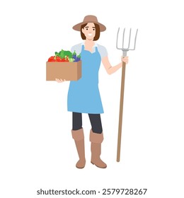 Cheerful female farmer wearing a hat and apron, holding a box of fresh vegetables and a pitchfork. Flat vector illustration isolated on white background