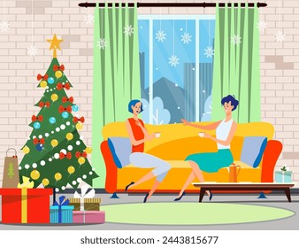 Cheerful female friends chatting in living room. Women sitting on couch, drinking tea, talking vector illustration. Xmas tree with gofts on background. Communication, friendship, holiday concept