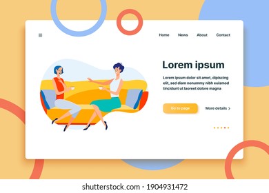 Cheerful female friends meeting and chatting. Women sitting on couch, drinking tea, talking flat vector illustration. Communication, friendship concept for banner, website design or landing web page