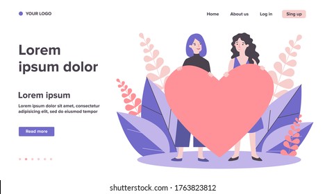 Cheerful female gay couple holding red heart. Homosexual women, LGBT, lesbian flat vector illustration. Relationship, love, marriage concept for banner, website design or landing web page