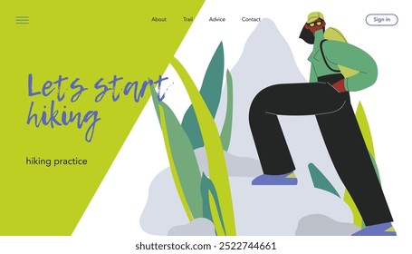 Cheerful female hiking on nature background. Hiking outdoor adventure, active tourist, trekking, backpacking. Modern flat vector illustration. Let's start hiking. Landing page, website banner template