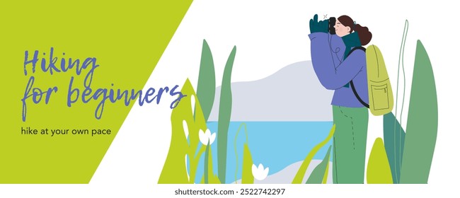 Cheerful female hiking and taking a picture on nature background. Hiking outdoor adventure, tourist, trekking and backpacking. Vector illustration. Hiking for beginners. Landing page, website banner.