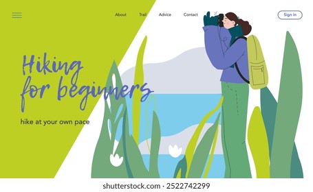 Cheerful female hiking and taking a picture on nature background. Hiking outdoor adventure, tourist, trekking and backpacking. Vector illustration. Hiking for beginners. Landing page, website banner.