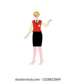 Cheerful Female Hotel Manager, Receptionist Meeting Guests, Hotel Staff Character in Uniform Vector Illustration