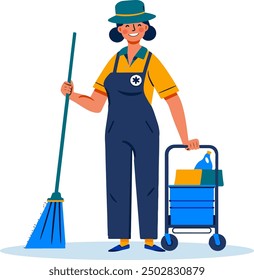 Cheerful female janitor holding cleaning tools and cart. Ideal for service industry designs, cleaning company advertisements, and workplace sanitation illustrations