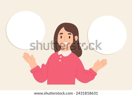 Cheerful female raise her hands to blank circle for message. Concept of template, presentation, background, choosing, selection, decision, comparison. Flat vector illustration character.