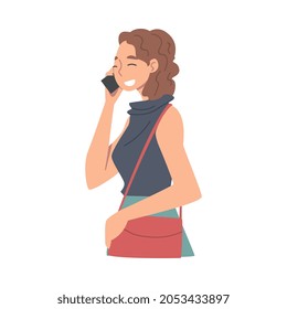 Cheerful Female Receiving Good News Speaking by Phone and Smiling Happily Vector Illustration