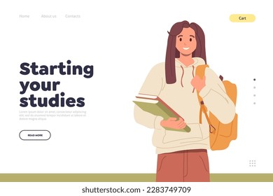 Cheerful female student character smiling friendly standing with book and backpack landing page