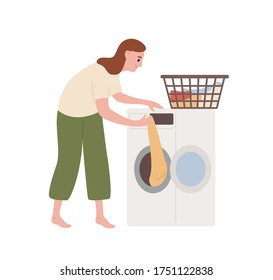 Cheerful female take out clean clothes from washing machine vector flat illustration. Smiling woman doing laundry at home isolated on white background. Everyday routine of modern housewife