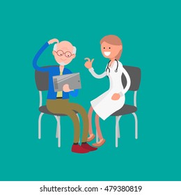 Cheerful female talking with old gentleman. Medical Consultation between doctor and her patient at clinic
