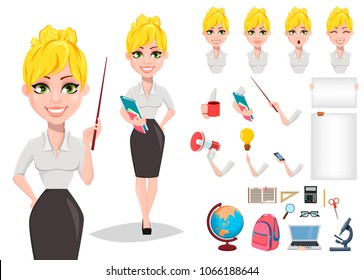 Cheerful female teacher character creation set. Happy teacher's day. Blonde woman teacher, cute cartoon character, pack of body parts, emotions and various stuff. - stock vector