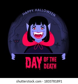 Cheerful Female Vampire or Monster Presenting Day Of The Death Dripping Text on Black Background for Happy Halloween Celebration.