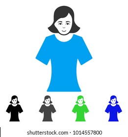 Cheerful Female vector pictograph. Vector illustration style is a flat iconic female symbol with gray, black, blue, green color variants. Human face has positive mood.