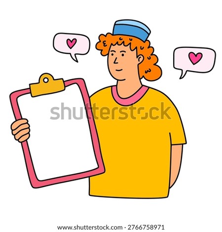 cheerful female worker showing blank board for guest check in and list