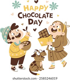  A cheerful and festive illustration of two children joyfully celebrating Chocolate Day, holding chocolate treats with a happy dog in the scene. 
