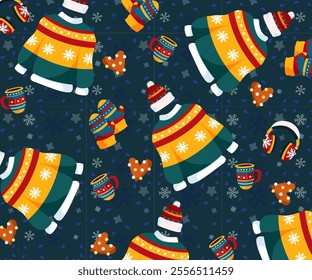 A cheerful and festive seamless pattern featuring cozy winter sweaters, warm mugs, mittens, and gingerbread cookies. Perfect for holiday designs winter themed projects