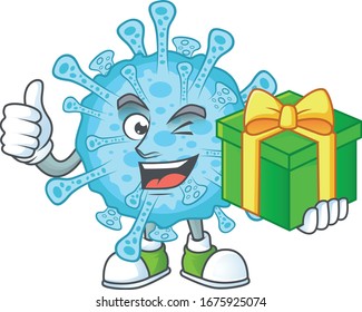 Cheerful fever coronavirus cartoon character holding a gift box