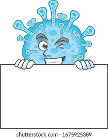 Cheerful fever coronavirus cartoon character has a board