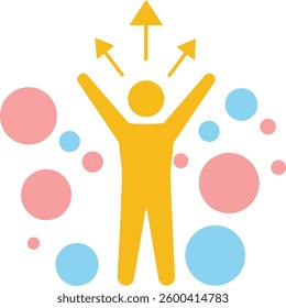 A cheerful figure with outstretched arms stands among vibrant circles and arrows, embodying a sense of achievement and positivity in a minimalistic style.