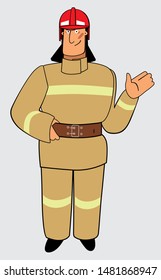 Cheerful fireman explains and points with his hand. Vector full color graphics