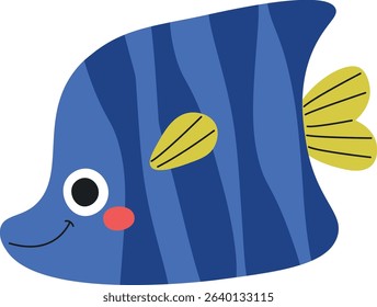 A cheerful fish with bold stripes and a friendly smile in a playful cartoon style. The fish features a large eye and fins, adding a whimsical touch. Cartoon vector illustration.
