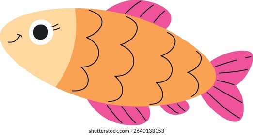 A cheerful fish with large eyes and wavy scales in a playful cartoon style. The fish features a friendly expression and vibrant fins. Cartoon vector illustration.