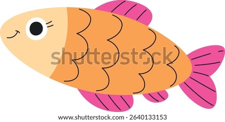 A cheerful fish with large eyes and wavy scales in a playful cartoon style. The fish features a friendly expression and vibrant fins. Cartoon vector illustration.