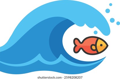 A cheerful fish with orange and yellow colors swims energetically within a blue wave, creating a lively and refreshing aquatic scene.
