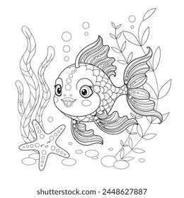 Cheerful fish and starfish among algae. Black and white linear drawing. Doodle style. Isolated on a white background. For children's design of coloring books, prints, posters, cards, stickers, etc. Ve