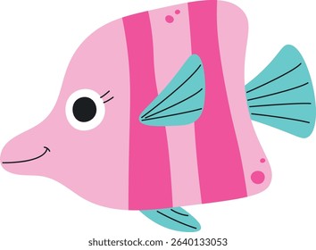 A cheerful fish with stripes and a smiling face in a playful cartoon style. The fish features a round eye and fins, exuding a friendly appearance. Cartoon vector illustration.