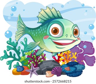 Cheerful fish swimming among vibrant coral and shells