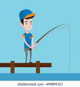 Cheerful fisherman fishing on the lake. Young caucasian man relaxing during fishing on jetty. Smiling angler standing on jetty with fishing-rod in hands. Vector flat design illustration. Square layout