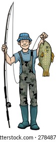 cheerful fisherman holds fishing rod with big fish hooked on it, vector illustration