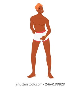 Joven Alegre Y En Forma En Una Fiesta De Playa. Personaje Masculino Vestido Con Trajes De Baño De Moda, Que Exuda Confianza Y Alegría Bajo Un Cielo Soleado. Ilustración vectorial de Personas de dibujos animados aislada sobre fondo blanco