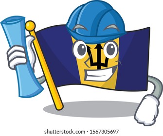 Cheerful flag barbados on Architect cartoon style holding blue prints