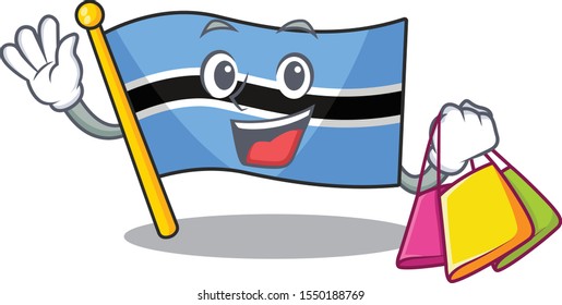 Cheerful flag botswana cartoon character waving and holding shopping bag