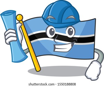 Cheerful flag botswana on architect cartoon style holding blue prints