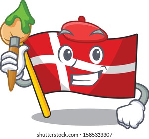 Cheerful flag denmark Artist cartoon character with brush