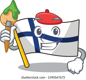 Cheerful flag finland Artist cartoon character with brush
