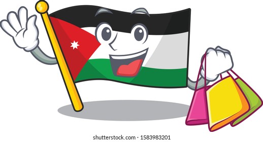 Cheerful flag jordan cartoon character waving and holding Shopping bag