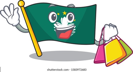 Cheerful flag macau cartoon character waving and holding Shopping bag