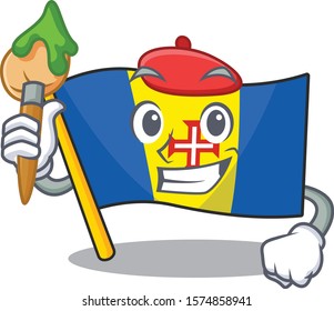 Cheerful flag madeira Artist cartoon character with brush