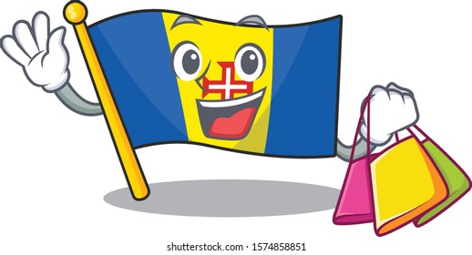 Cheerful flag madeira cartoon character waving and holding Shopping bag