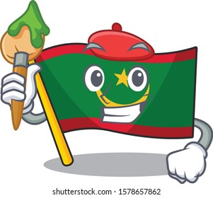 Cheerful flag mauritania Artist cartoon character with brush