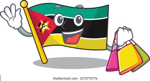 Cheerful flag mozambique cartoon character waving and holding Shopping bag